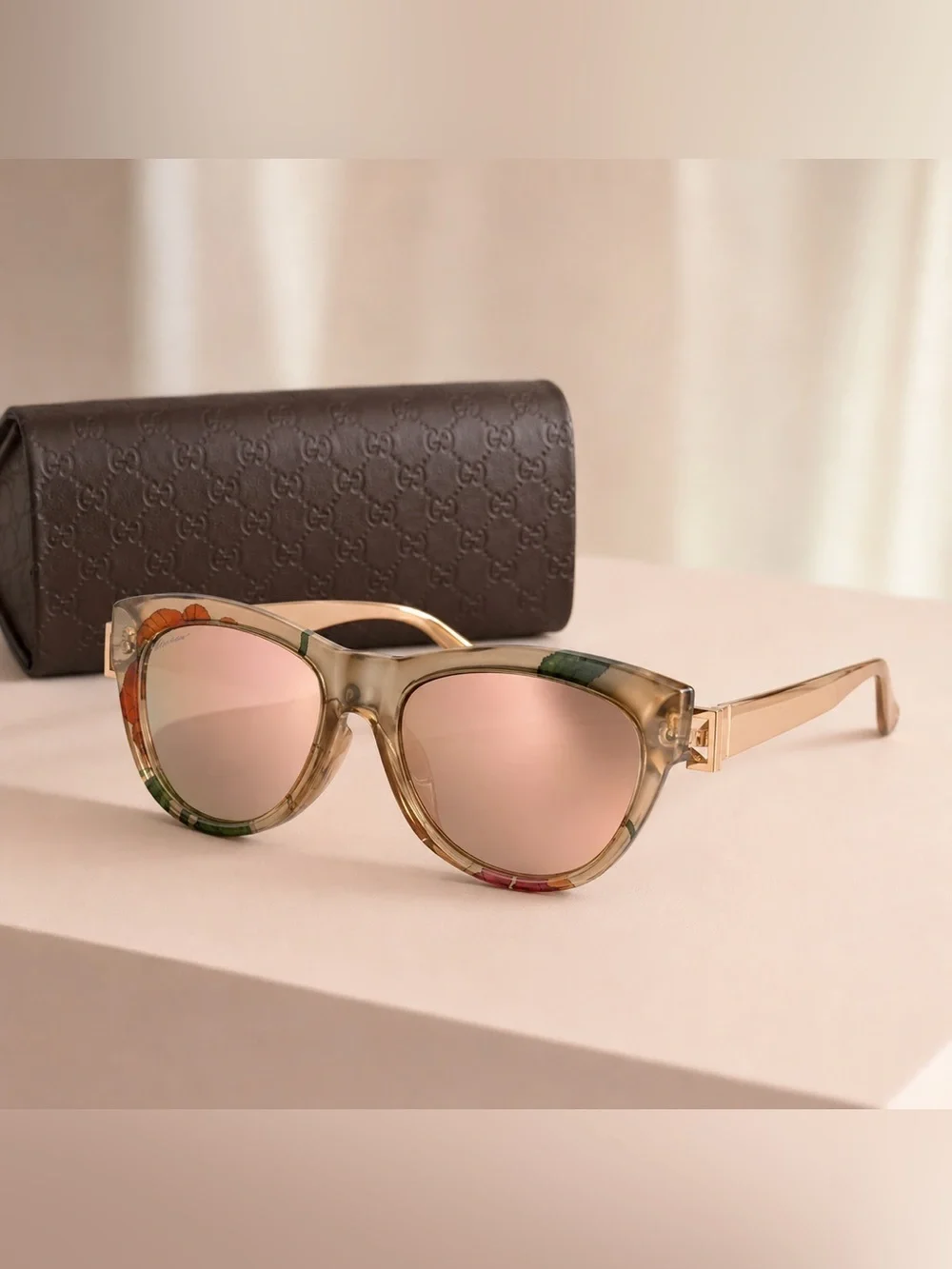 NEW Gucci Tortoiseshell Cat-Eye Sunglasses w/ Rose Gold mirrored Lenses GG373 S